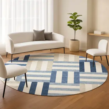 8' Navy Blue Ivory And Khaki Round Geometric Washable Indoor Outdoor Area Rug