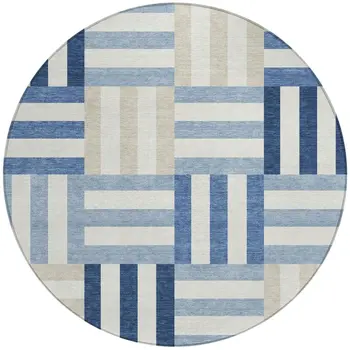 8' Navy Blue Ivory And Khaki Round Geometric Washable Indoor Outdoor Area Rug