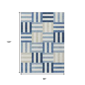 8' X 10' Navy Blue Ivory And Khaki Geometric Washable Indoor Outdoor Area Rug