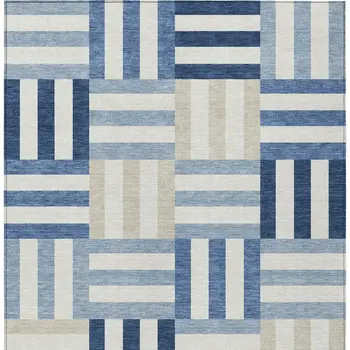 9' X 12' Navy Blue Ivory And Khaki Geometric Washable Indoor Outdoor Area Rug