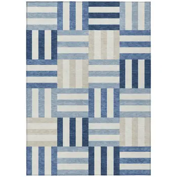 9' X 12' Navy Blue Ivory And Khaki Geometric Washable Indoor Outdoor Area Rug