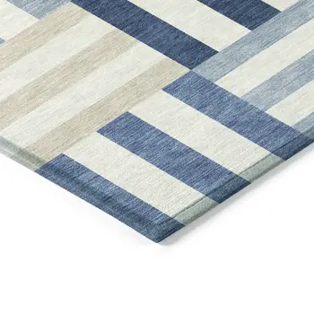 9' X 12' Navy Blue Ivory And Khaki Geometric Washable Indoor Outdoor Area Rug