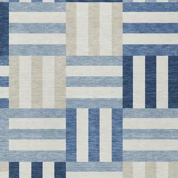 9' X 12' Navy Blue Ivory And Khaki Geometric Washable Indoor Outdoor Area Rug