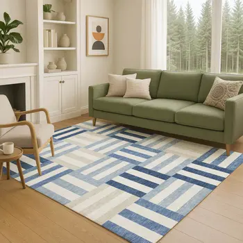 9' X 12' Navy Blue Ivory And Khaki Geometric Washable Indoor Outdoor Area Rug