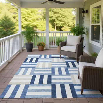 9' X 12' Navy Blue Ivory And Khaki Geometric Washable Indoor Outdoor Area Rug