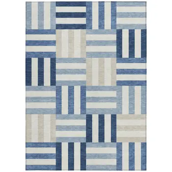10' X 14' Navy Blue Ivory And Khaki Geometric Washable Indoor Outdoor Area Rug