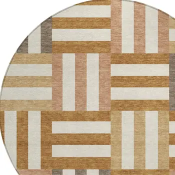 8' Chili Red Ivory And Copper Round Geometric Washable Indoor Outdoor Area Rug
