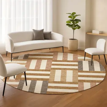 8' Chili Red Ivory And Copper Round Geometric Washable Indoor Outdoor Area Rug