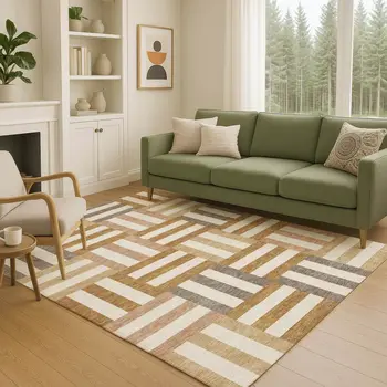 8' X 10' Chili Red Ivory And Copper Geometric Washable Indoor Outdoor Area Rug