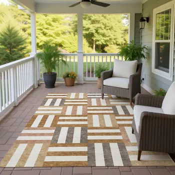 8' X 10' Chili Red Ivory And Copper Geometric Washable Indoor Outdoor Area Rug