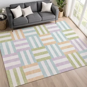 3' X 5' Pearl Blue And Lavender Geometric Washable Indoor Outdoor Area Rug