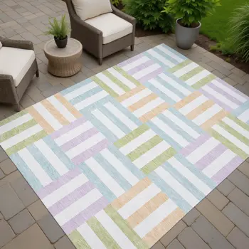 5' X 8' Pearl Blue And Lavender Geometric Washable Indoor Outdoor Area Rug
