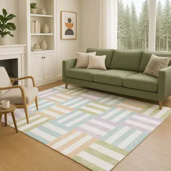5' X 8' Pearl Blue And Lavender Geometric Washable Indoor Outdoor Area Rug