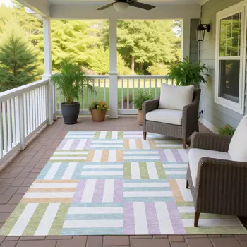 5' X 8' Pearl Blue And Lavender Geometric Washable Indoor Outdoor Area Rug