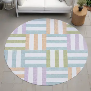 8' Pearl Blue And Lavender Round Geometric Washable Indoor Outdoor Area Rug