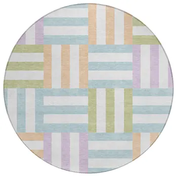 8' Pearl Blue And Lavender Round Geometric Washable Indoor Outdoor Area Rug
