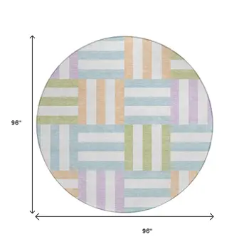 8' Pearl Blue And Lavender Round Geometric Washable Indoor Outdoor Area Rug