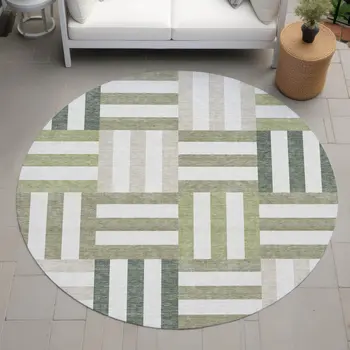 8' Sage Ivory And Taupe Round Geometric Washable Indoor Outdoor Area Rug