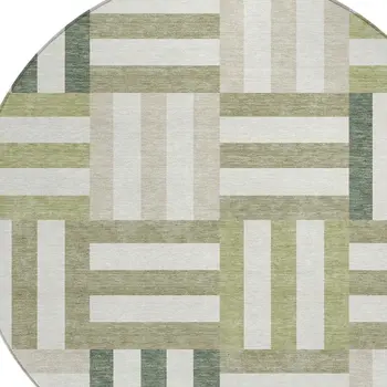 8' Sage Ivory And Taupe Round Geometric Washable Indoor Outdoor Area Rug