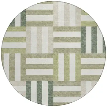 8' Sage Ivory And Taupe Round Geometric Washable Indoor Outdoor Area Rug
