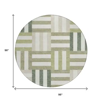 8' Sage Ivory And Taupe Round Geometric Washable Indoor Outdoor Area Rug