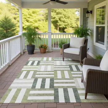 8' X 10' Sage Ivory And Taupe Geometric Washable Indoor Outdoor Area Rug