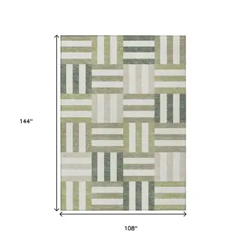 9' X 12' Sage Ivory And Taupe Geometric Washable Indoor Outdoor Area Rug