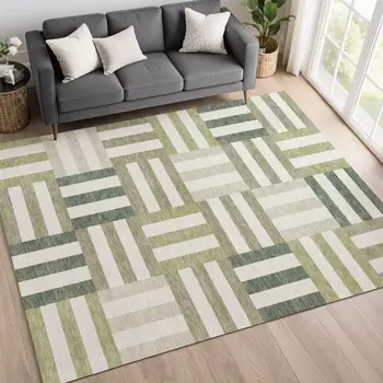 9' X 12' Sage Ivory And Taupe Geometric Washable Indoor Outdoor Area Rug