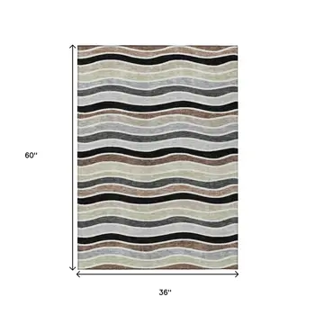 3' X 5' Black Pewter And Ivory Striped Washable Indoor Outdoor Area Rug