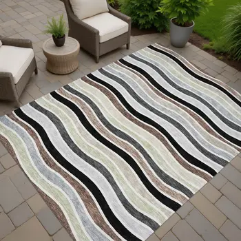 5' X 8' Black Pewter And Ivory Striped Washable Indoor Outdoor Area Rug