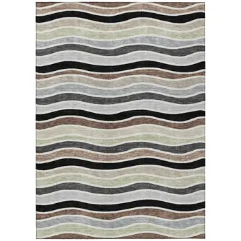 5' X 8' Black Pewter And Ivory Striped Washable Indoor Outdoor Area Rug