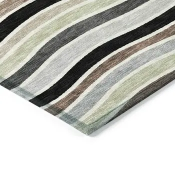 5' X 8' Black Pewter And Ivory Striped Washable Indoor Outdoor Area Rug