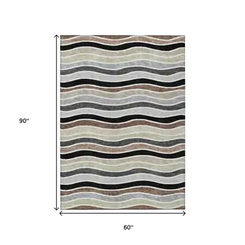 5' X 8' Black Pewter And Ivory Striped Washable Indoor Outdoor Area Rug