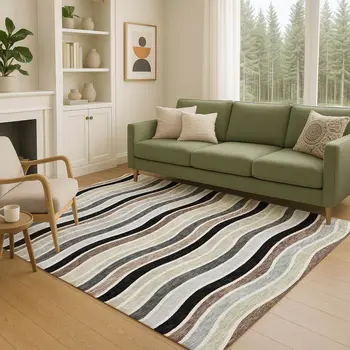 5' X 8' Black Pewter And Ivory Striped Washable Indoor Outdoor Area Rug