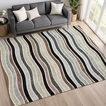 5' X 8' Black Pewter And Ivory Striped Washable Indoor Outdoor Area Rug