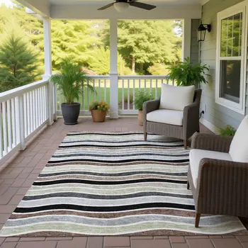 5' X 8' Black Pewter And Ivory Striped Washable Indoor Outdoor Area Rug