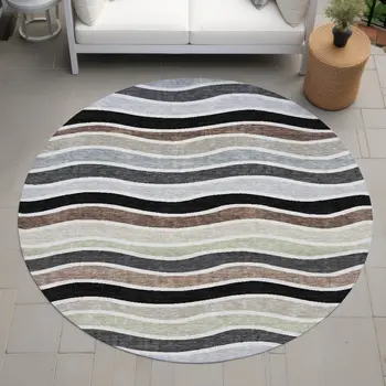 8' Black Pewter And Ivory Round Striped Washable Indoor Outdoor Area Rug