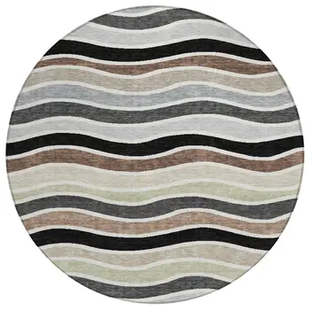 8' Black Pewter And Ivory Round Striped Washable Indoor Outdoor Area Rug