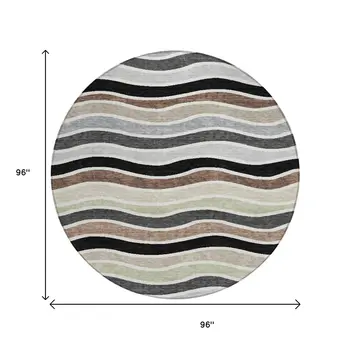 8' Black Pewter And Ivory Round Striped Washable Indoor Outdoor Area Rug