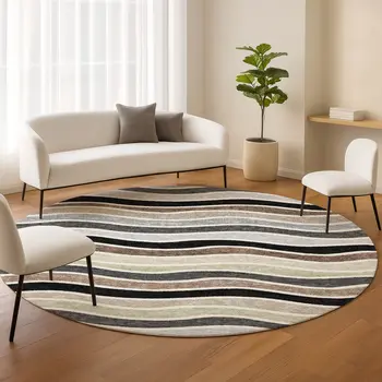 8' Black Pewter And Ivory Round Striped Washable Indoor Outdoor Area Rug