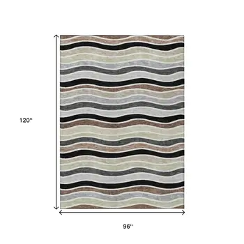 8' X 10' Black Pewter And Ivory Striped Washable Indoor Outdoor Area Rug