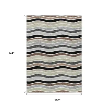 9' X 12' Black Pewter And Ivory Striped Washable Indoor Outdoor Area Rug