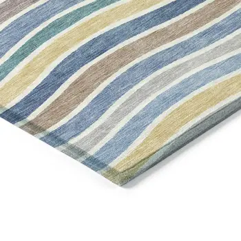 3' X 5' Blue Ivory And Gold Striped Washable Indoor Outdoor Area Rug