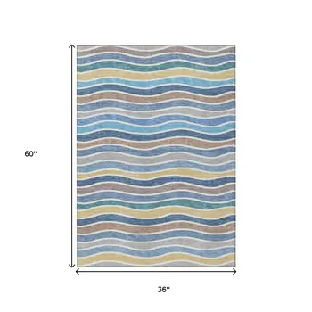 3' X 5' Blue Ivory And Gold Striped Washable Indoor Outdoor Area Rug