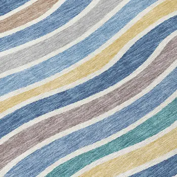 3' X 5' Blue Ivory And Gold Striped Washable Indoor Outdoor Area Rug