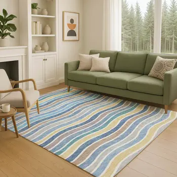 3' X 5' Blue Ivory And Gold Striped Washable Indoor Outdoor Area Rug