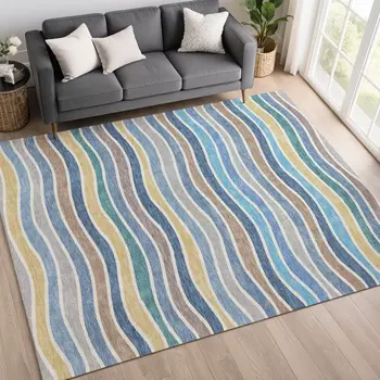 3' X 5' Blue Ivory And Gold Striped Washable Indoor Outdoor Area Rug