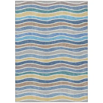 5' X 8' Blue Ivory And Gold Striped Washable Indoor Outdoor Area Rug