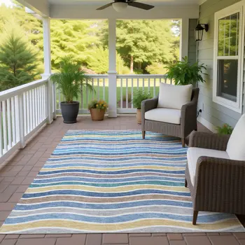 5' X 8' Blue Ivory And Gold Striped Washable Indoor Outdoor Area Rug