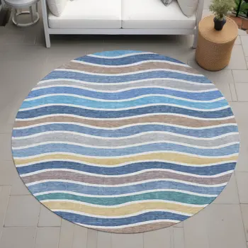 8' Blue Ivory And Gold Round Striped Washable Indoor Outdoor Area Rug